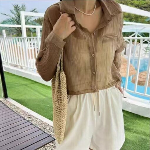 Vapetix Free Size-Free Size  Korean chic summer chiffon blouse with single button drawstring waist-cinch short sleeve sun protec – Bild 4