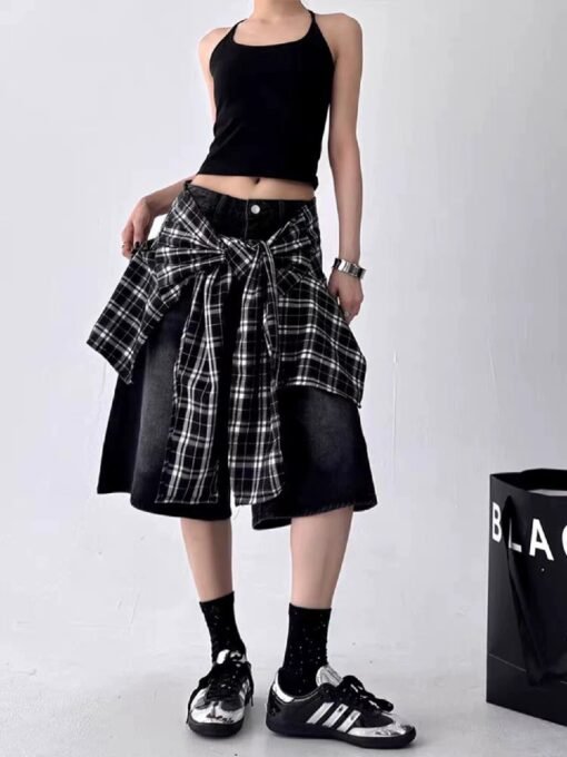Vapetix S-XL  Designer Grid Stitched Denim Shorts for Women 2025 Summer New Loose Wide Leg Mid-Calf Pants Five-Ei – Bild 6