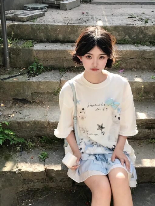 Vapetix S-2XL  Sorona 2025 Summer New Arrival Korean Style Fashion Slim Fit Crew Neck T-Shirt with Dog Bow – Bild 6