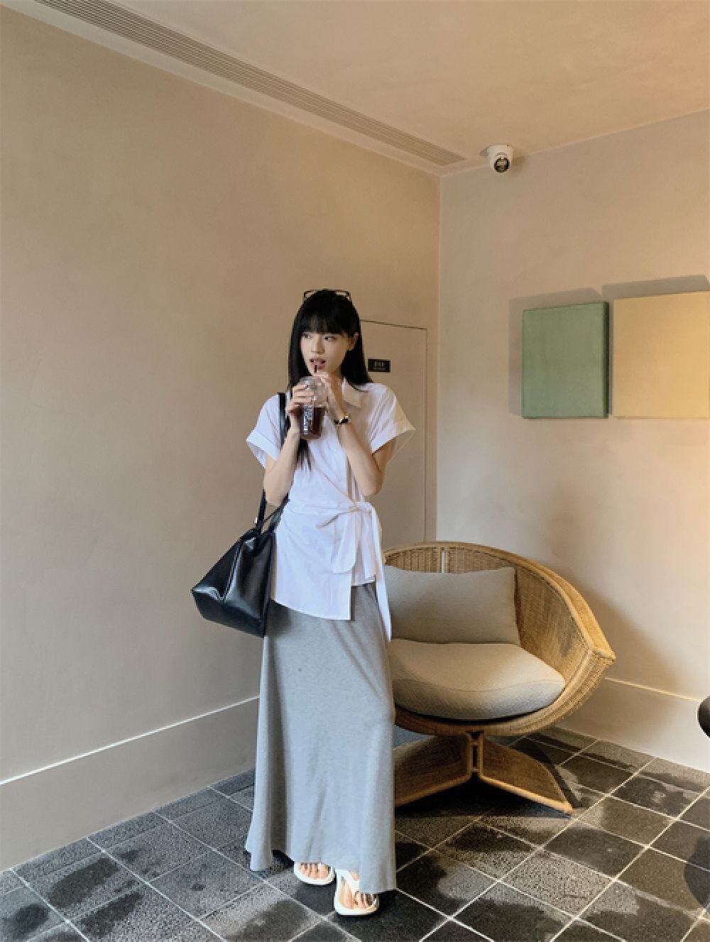 Vapetix S-XL Chic waist-cinch strap short-sleeve polo collar white women's summer slimming medium-length French – Bild 7