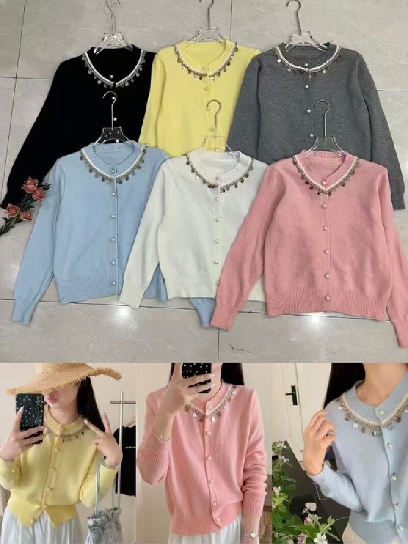 Vapetix Free Size-Free Size Autumn/Winter New Chanel-style Heavy Work Embroidered Bead Knit Cardigan Coat Korean Style Youthful – Bild 5