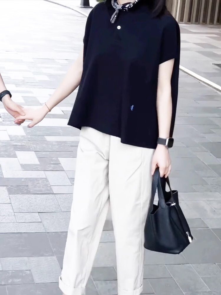 Vapetix S-XL Women's Loose Fit Wide Shoulder Short Sleeve Polo Neck Casual Simple Summer Fashion T-Shirt for 202 - 图片 2