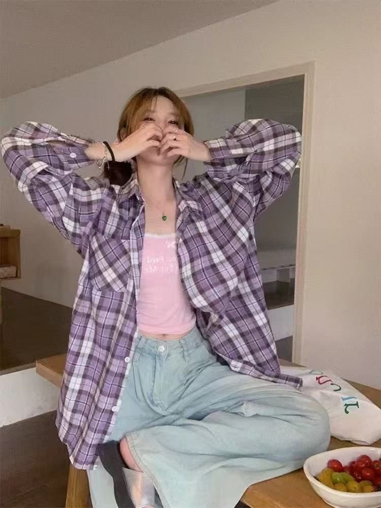Vapetix S-2XL Retro Purple Check Shirt American Spring Design 2025 Unique Loose Long Sleeve Blouse Top Women's Ou