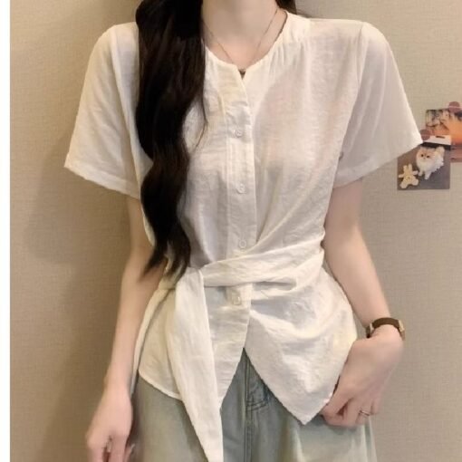 Vapetix S-3XL  Cloud Pocket Short-Sleeve Shirt for Women - 2025 Summer New French V-Neck Bohemian Waist Cinching I – Bild 5