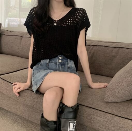 Vapetix Free Size-Free Size  Korean Version New Grid Hollow Design Sensory Unconventional Loose Knit Top Women Summer Versatile – Bild 5