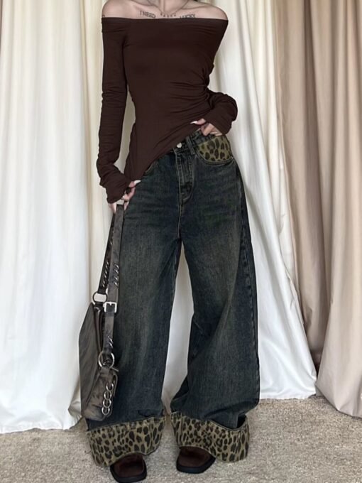 Vapetix XS-XL  Korean-style new American retro leopard print hemmed indie design patchwork women's wide-leg pants – Bild 7