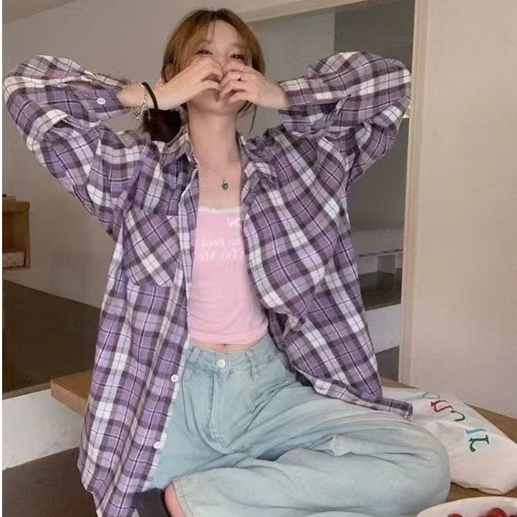 Vapetix S-2XL Retro Purple Check Shirt American Spring Design 2025 Unique Loose Long Sleeve Blouse Top Women's Ou – Bild 2