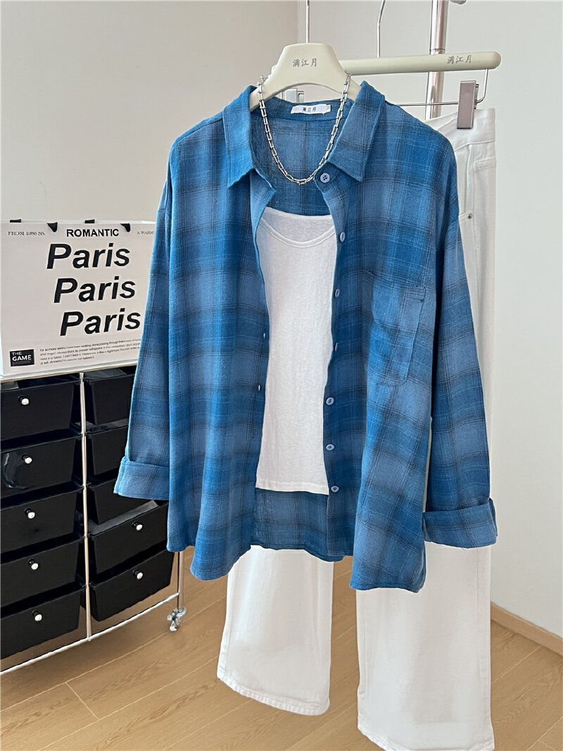 Vapetix Free Size-Free Size Actual shot blue checkered women's shirt 2025 summer Korean style loose retro Hong Kong style long- – Bild 5