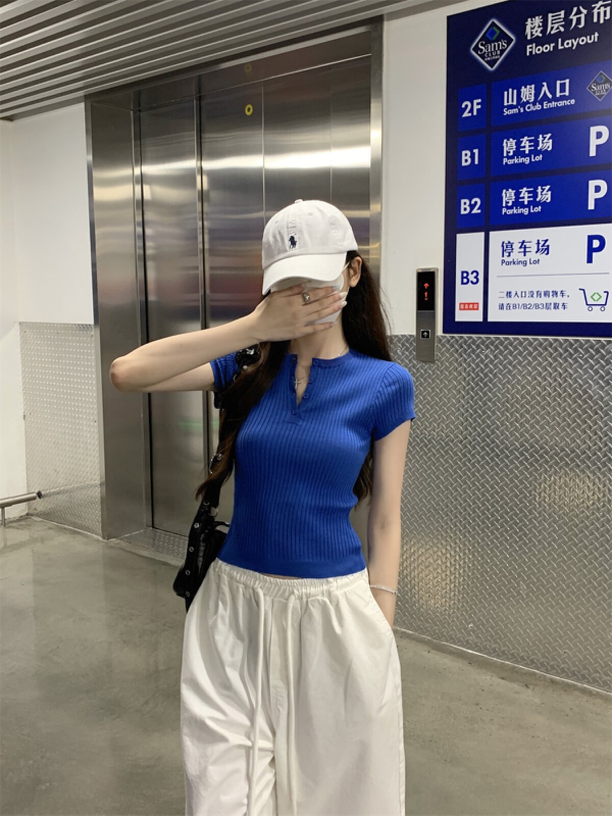 Vapetix Free Size-Free Size Photographed Summer Korean Style Fitted Crew Neck Button-up Versatile 6 Wool Knit Shirt Short Sleev - 图片 7