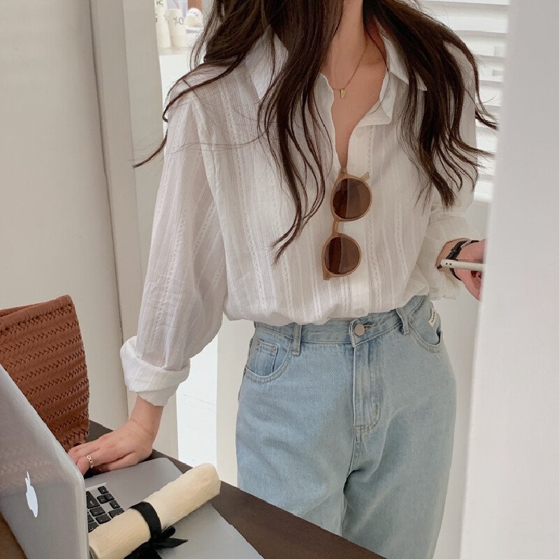 Vapetix S-L 2025 Korean Style French-Chic Collar Single-Breasted Button Down Simple Versatile Gentle Dark Strip – Bild 6