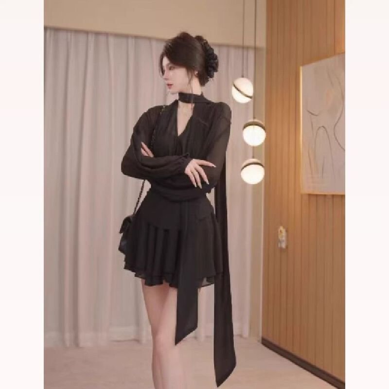 Vapetix S-2XL V-neck black women's summer 2025 new retro short pleated tie-dye chiffon dress with design sense, b – Bild 7