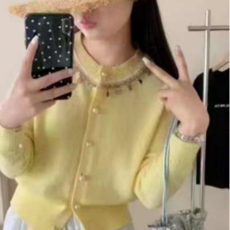 Vapetix Free Size-Free Size Autumn/Winter New Chanel-style Heavy Work Embroidered Bead Knit Cardigan Coat Korean Style Youthful – Bild 6