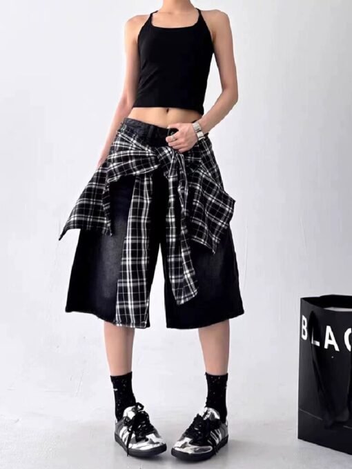 Vapetix S-XL  Designer Grid Stitched Denim Shorts for Women 2025 Summer New Loose Wide Leg Mid-Calf Pants Five-Ei – Bild 7