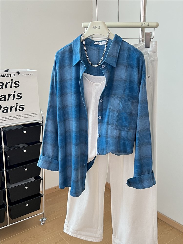 Vapetix Free Size-Free Size Actual shot blue checkered women's shirt 2025 summer Korean style loose retro Hong Kong style long- – Bild 6