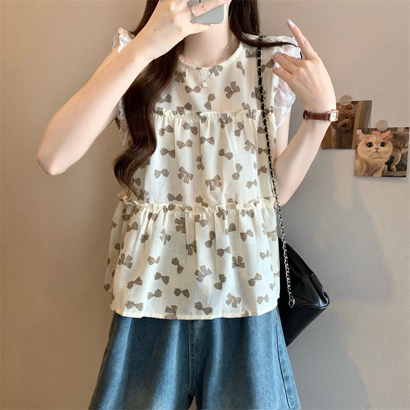 Vapetix Free Size-Free Size Real shot New version French lace flared sleeve sleeveless doll shirt blouse – Bild 2