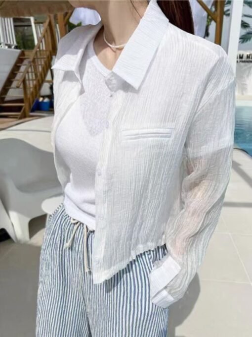 Vapetix Free Size-Free Size  Korean chic summer chiffon blouse with single button drawstring waist-cinch short sleeve sun protec – Bild 7