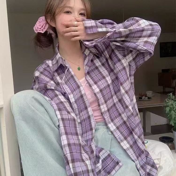 Vapetix S-2XL Retro Purple Check Shirt American Spring Design 2025 Unique Loose Long Sleeve Blouse Top Women's Ou – Bild 3