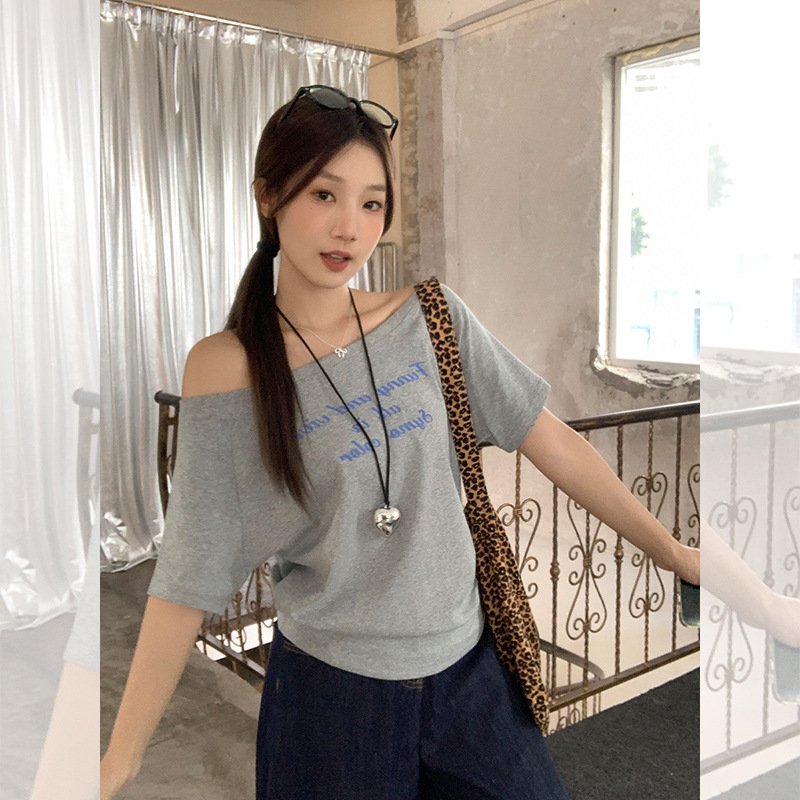 Vapetix S-XL Summer 2025 OOTD Outfit: Off-shoulder and One-shoulder Letter Print Short-sleeve T-shirt for Women,