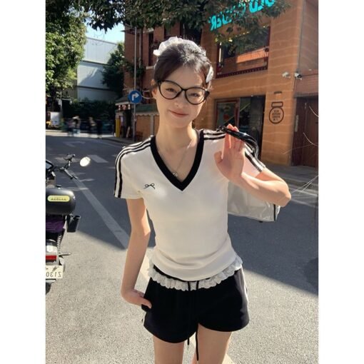 Vapetix S-2XL  【Bestselling Store】Sweet and Cool Butterfly Knot V-Neck Color-Coded Shoulder-Strap Short-Sleeve T-S