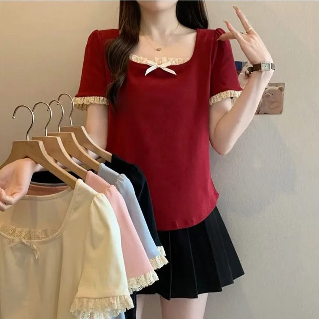 Vapetix L 100-120-3XL 150-170 French butterfly bow regular shoulder lace edge short sleeve T-shirt for women, stylish and trendy