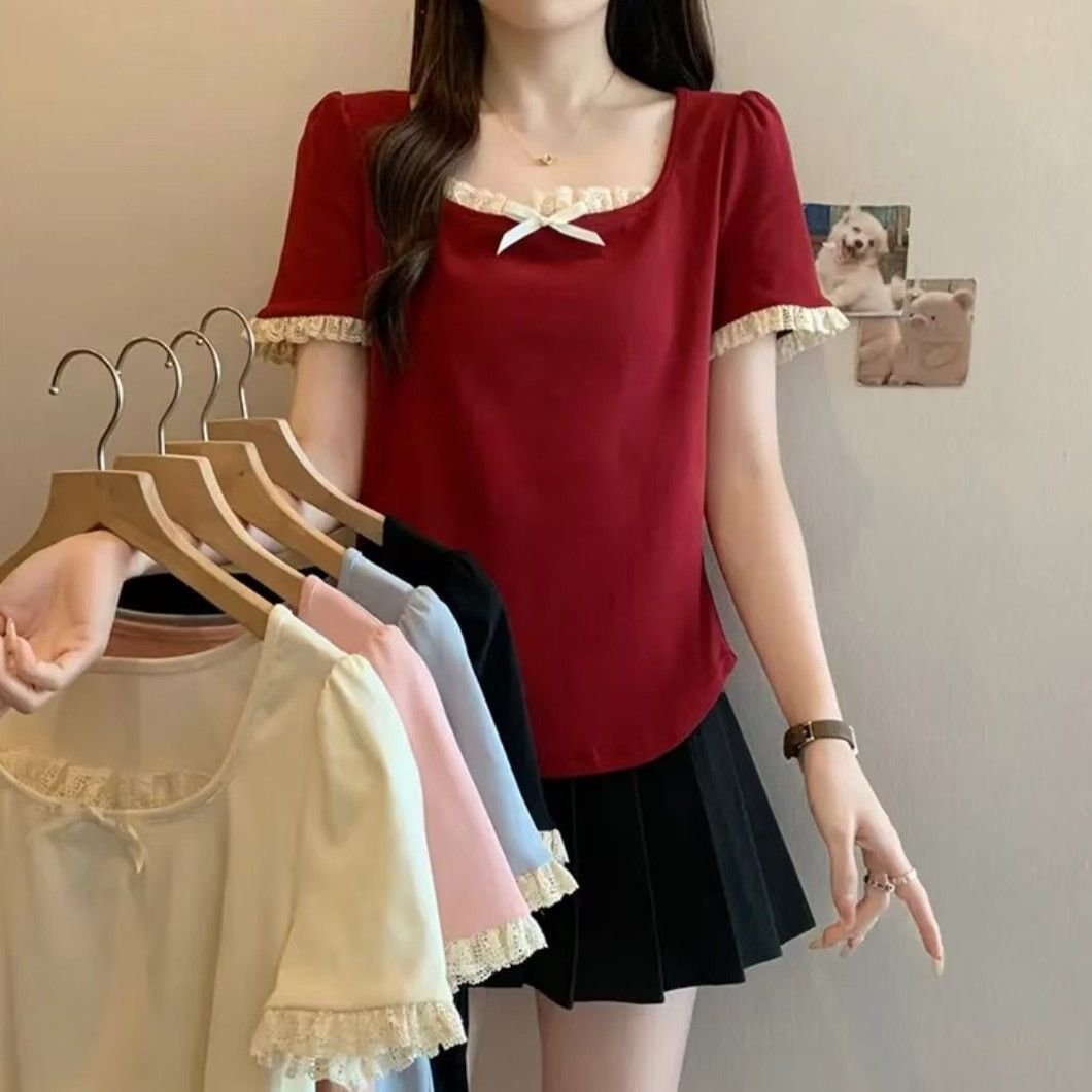 Vapetix L 100-120-3XL 150-170 French butterfly bow regular shoulder lace edge short sleeve T-shirt for women, stylish and trendy – Bild 2