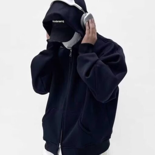 Vapetix M-XL  American street double zipper short-cut hooded sweatshirt, unisex loose fashion hat sweater, trendy