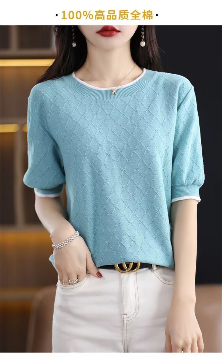 Vapetix S-XXL Women's Versatile Semi-Sleeve Blended Cotton Knit Crew Neck T-Shirt - Summer 2023 New Color Block L