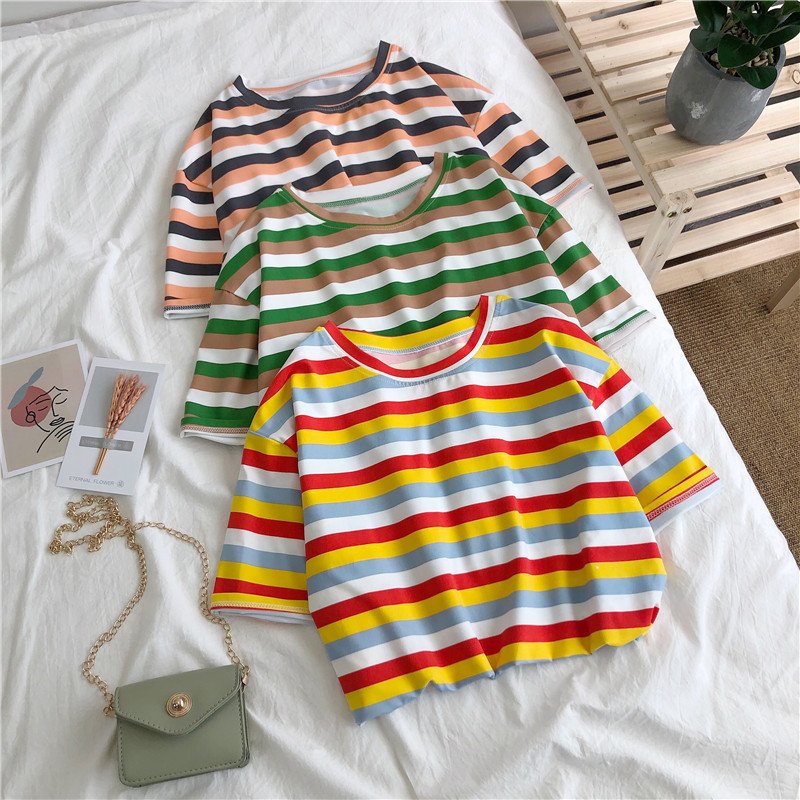 Vapetix M-2XL Summer Korean Version Best Friend Outfit Simple Color Striped Short-Sleeve T-Shirt for Women Japane