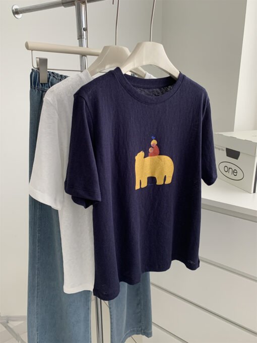 Vapetix Free Size-Free Size  Korean Version Lightweight Faux Suede Texture Polar Bear Print T-Shirt for Women, Drooping Cartoon