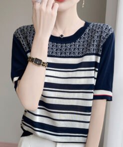 Vapetix M-XL  Summer New Round Neck Tencel Lyocell Knitted Short-sleeved T-shirt Women's Letter Striped Loose Sli