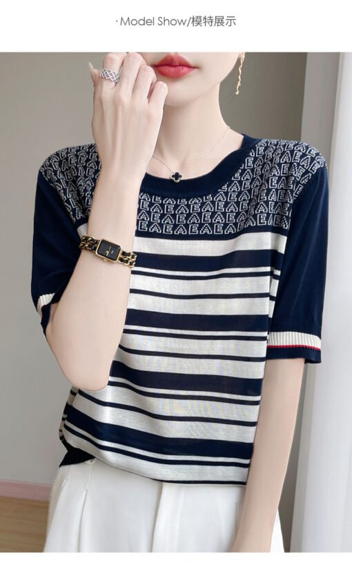 Vapetix M-XL  Summer New Round Neck Tencel Lyocell Knitted Short-sleeved T-shirt Women's Letter Striped Loose Sli