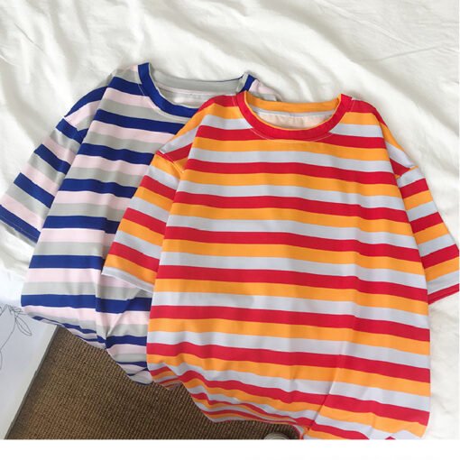 Vapetix M-3XL  Summer Loose and Simple Striped Short-Sleeve T-Shirt for Women, Japanese and Korean Style Casual Ne