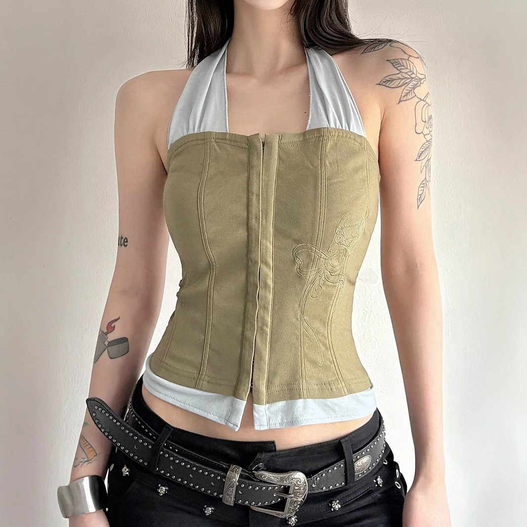 Vapetix S-L Vintage workwear style off-the-shoulder slimming waistline spliced fake two-piece vest women's new