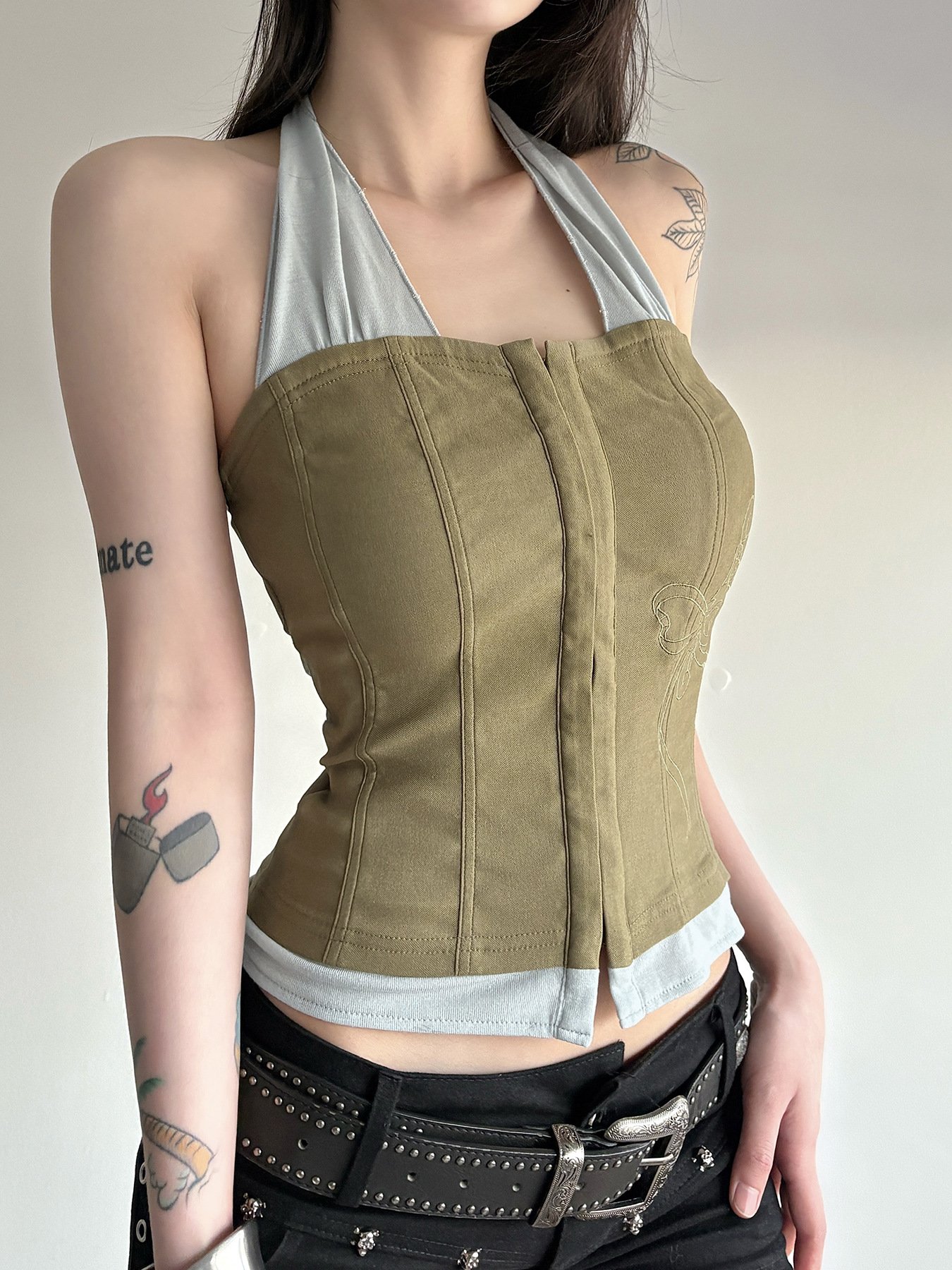 Vapetix S-L Vintage workwear style off-the-shoulder slimming waistline spliced fake two-piece vest women's new – Bild 2