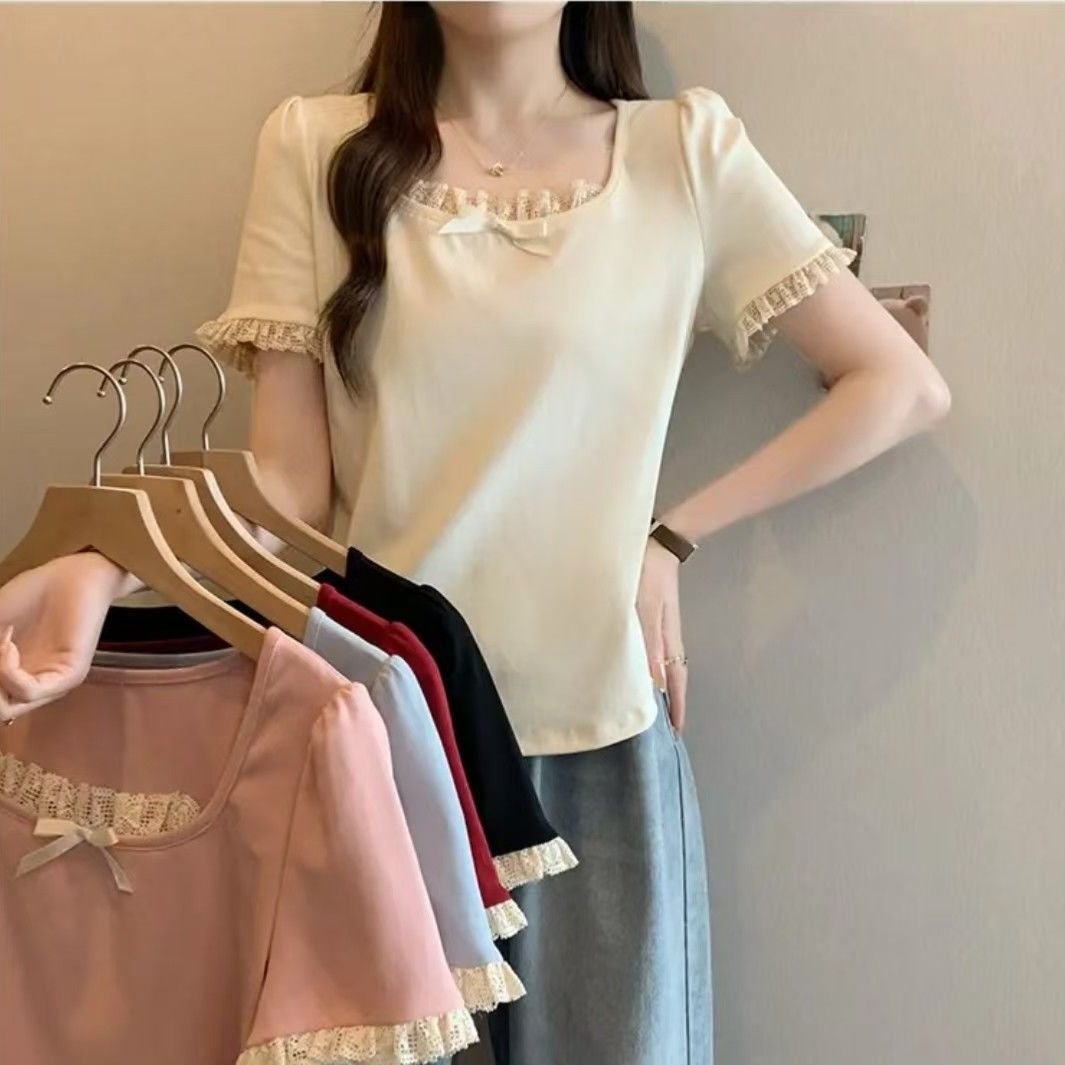 Vapetix L 100-120-3XL 150-170 French butterfly bow regular shoulder lace edge short sleeve T-shirt for women, stylish and trendy – Bild 3