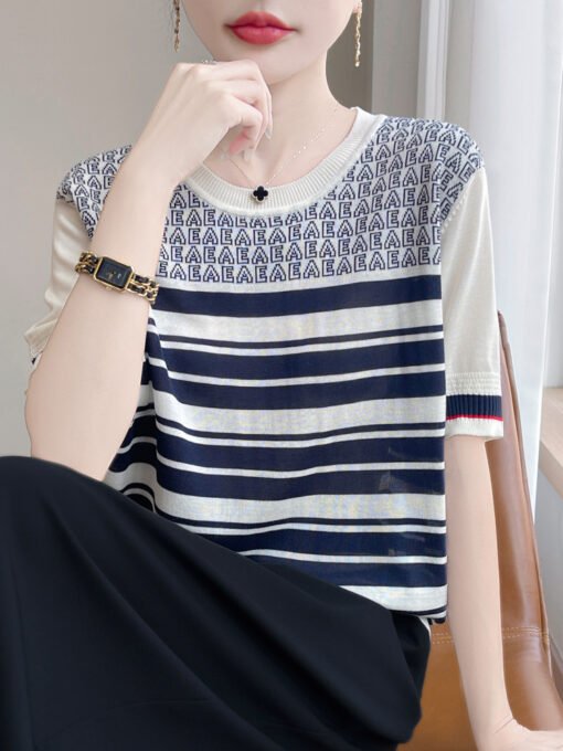 Vapetix M-XL  Summer New Round Neck Tencel Lyocell Knitted Short-sleeved T-shirt Women's Letter Striped Loose Sli – Bild 2