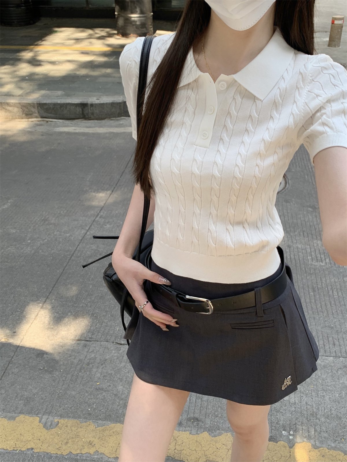 Vapetix S-L Old Money Polo Collared Cashmere Pattern Knit Short Sleeve Women's Spring Summer Regular Shoulder B – Bild 2