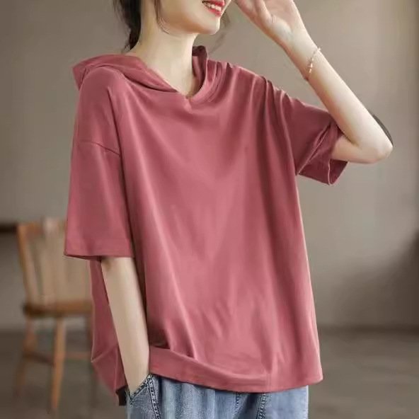 Vapetix L suggests 100-120 pounds- Women's Summer Thin Black Hooded Sweatshirt with Cap, New Style Short Sleeve Base Top for Outerwear – Bild 2