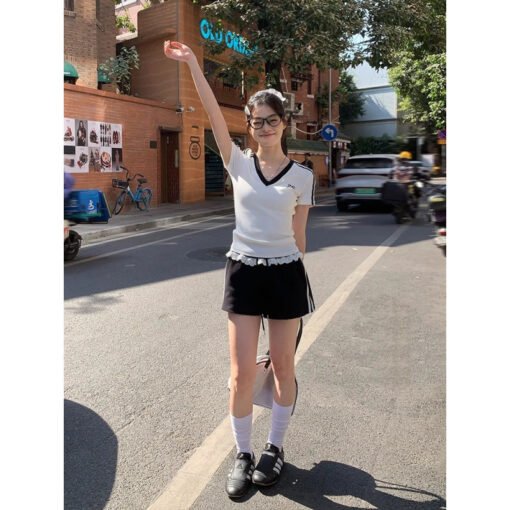 Vapetix S-2XL  【Bestselling Store】Sweet and Cool Butterfly Knot V-Neck Color-Coded Shoulder-Strap Short-Sleeve T-S – Bild 3