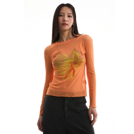 Vapetix S-L  J25TP174 Cross-border Autumn New Women's All-match Slim-fit Floral Print See-through Round Neck Lon – Bild 2