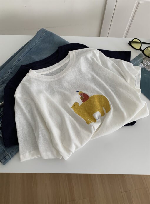 Vapetix Free Size-Free Size  Korean Version Lightweight Faux Suede Texture Polar Bear Print T-Shirt for Women, Drooping Cartoon – Bild 2