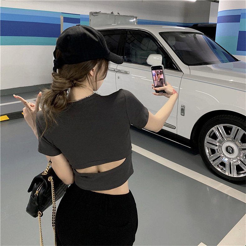 Vapetix S-XL Women's Summer New Round Neck Nipple-Baring Short-Sleeve Base Top with Design Sense, Outwear, Hot G – Bild 2