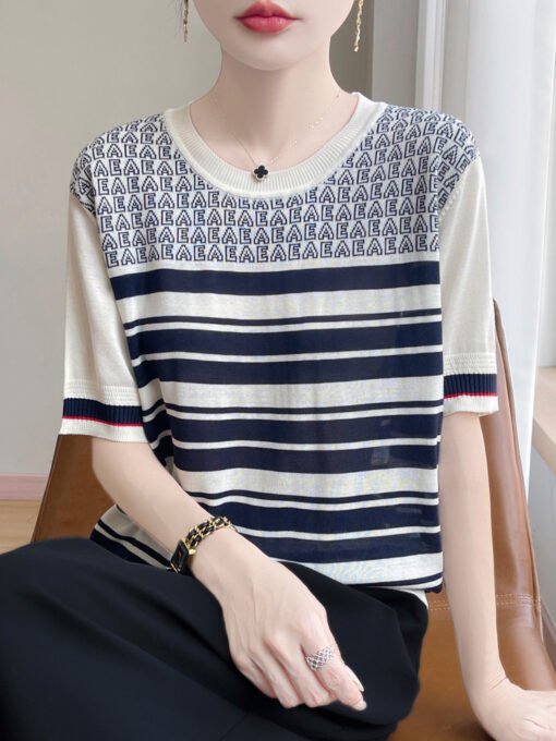 Vapetix M-XL  Summer New Round Neck Tencel Lyocell Knitted Short-sleeved T-shirt Women's Letter Striped Loose Sli – Bild 3