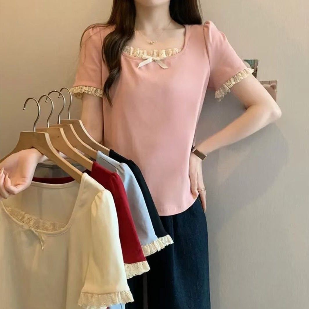 Vapetix L 100-120-3XL 150-170 French butterfly bow regular shoulder lace edge short sleeve T-shirt for women, stylish and trendy – Bild 5