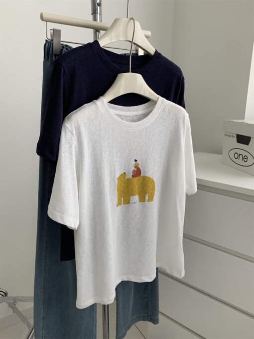 Vapetix Free Size-Free Size  Korean Version Lightweight Faux Suede Texture Polar Bear Print T-Shirt for Women, Drooping Cartoon – Bild 4