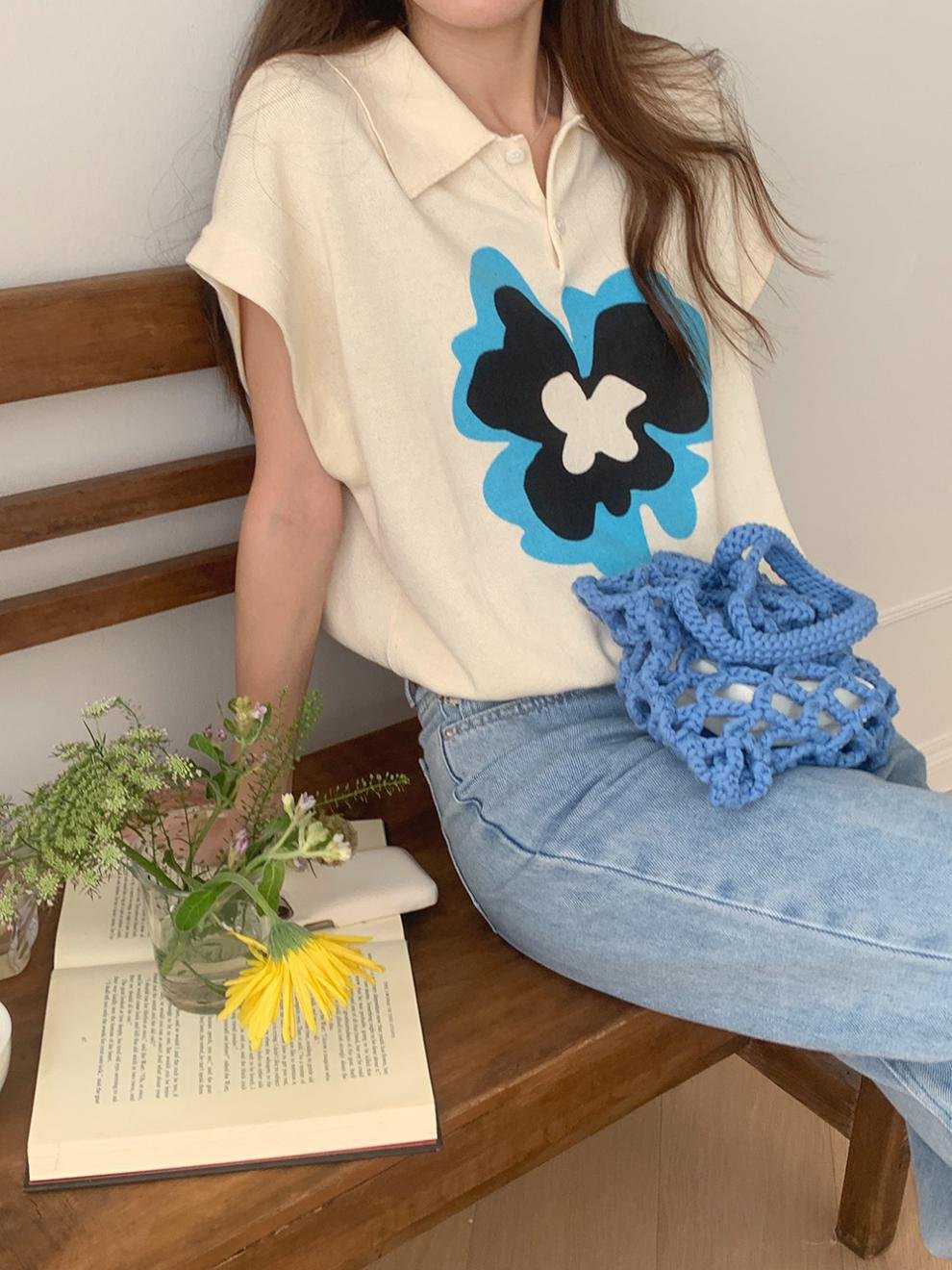 Vapetix Free Size-Free Size Soft and elegant ice silk knitted sweater for women 2024 summer flowers color blocking collar short – Bild 3