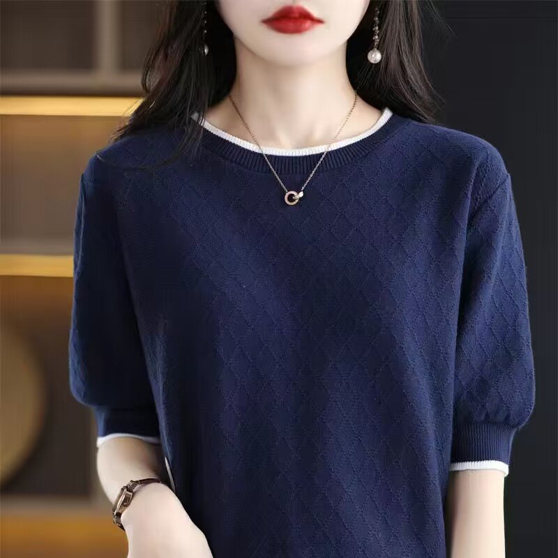 Vapetix S-XXL Women's Versatile Semi-Sleeve Blended Cotton Knit Crew Neck T-Shirt - Summer 2023 New Color Block L – Bild 3