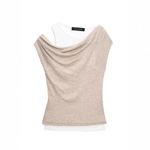 Vapetix XS-L  TAOP & ZA summer new women's commuter fashion asymmetric double contrast stitching fake two T-shirt – Bild 3