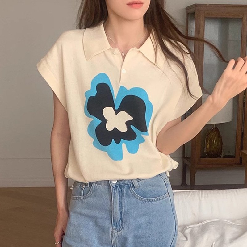 Vapetix Free Size-Free Size Soft and elegant ice silk knitted sweater for women 2024 summer flowers color blocking collar short – Bild 4