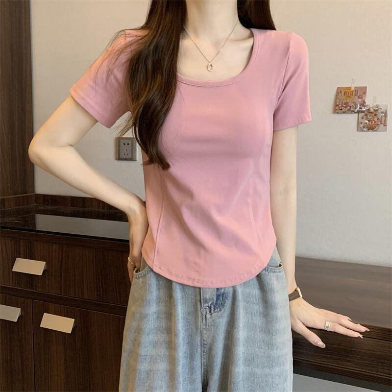 Vapetix M-XXL Square Collar Fishbone Short Sleeve T-Shirt for Women - Korean 2024 Summer Fitted Slimming Short-Sl